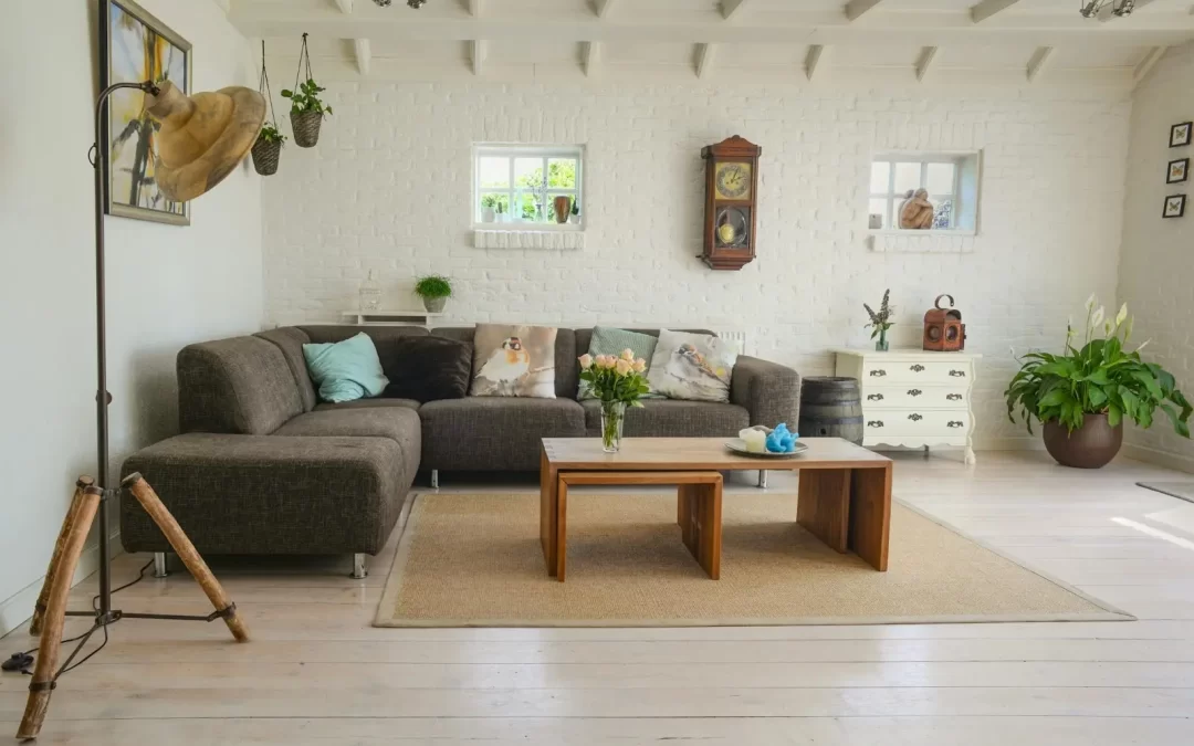 living room with brown wooden center table and couch
