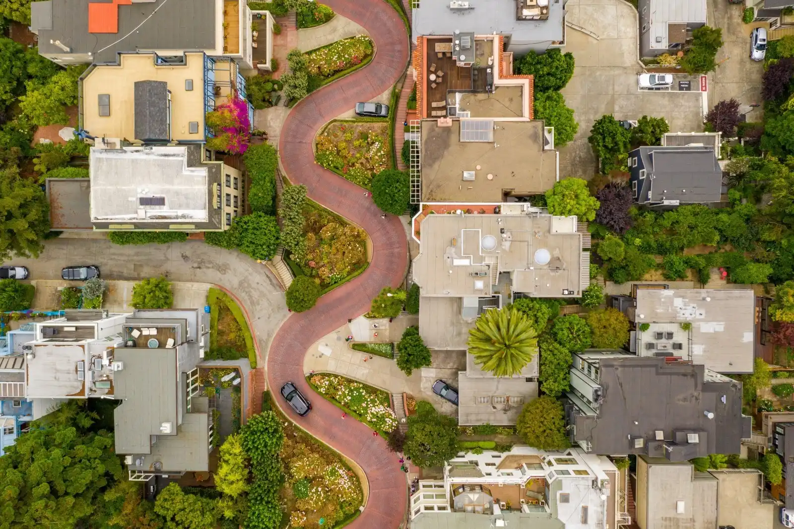 Overhead shot of urban buildings and streets in a neighborhood