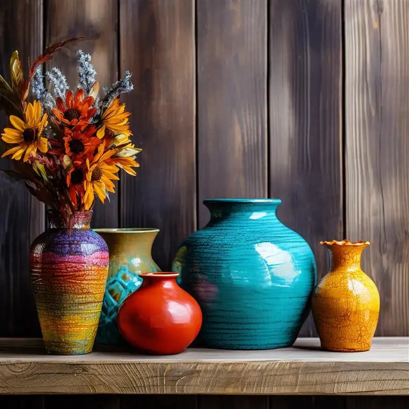 Colourful pottery placed on a table