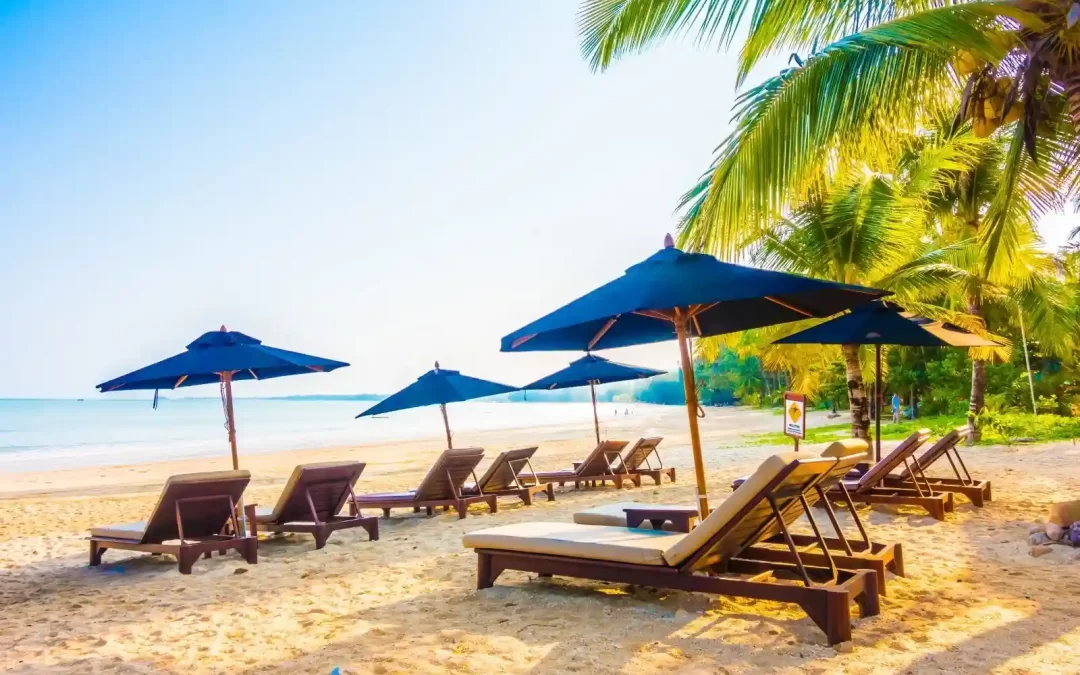 Sun loungers on a beach side in Goa.