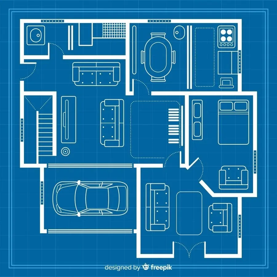A house layout with furniture placements.