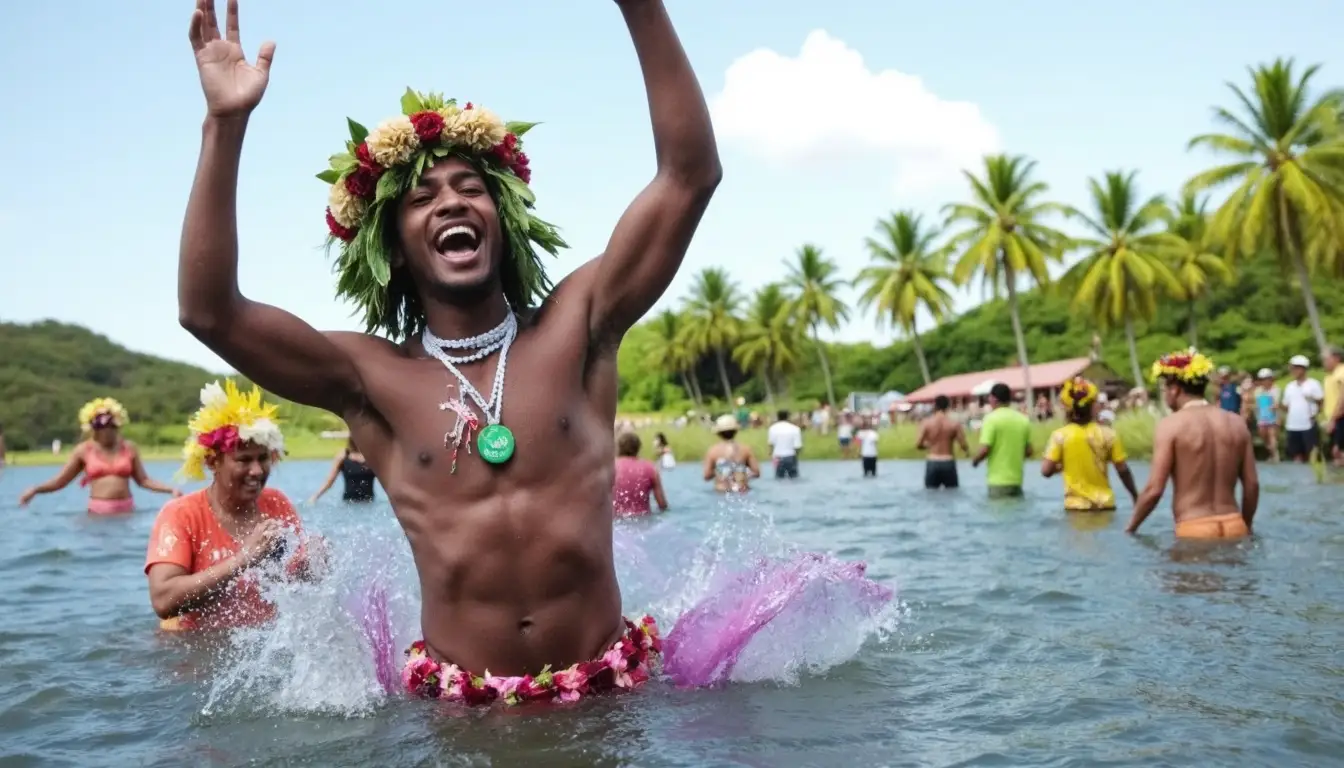 People dancing and enjoying in the water in spirit of São João in Goa.