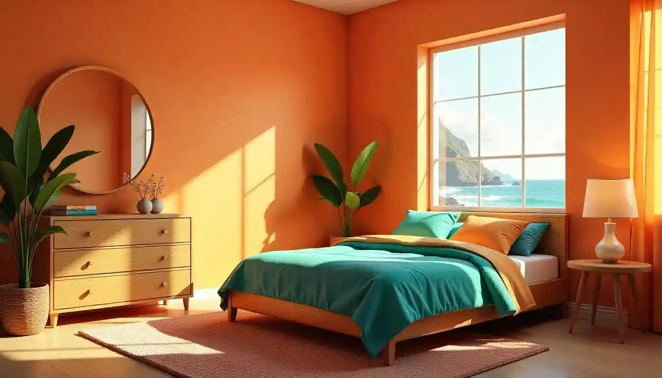 A bedroom with an orange and teal interior colour scheme.