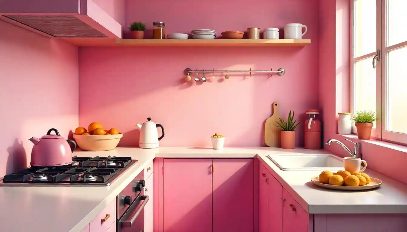 A pink and white coloured kitchen, well-lit and welcoming.