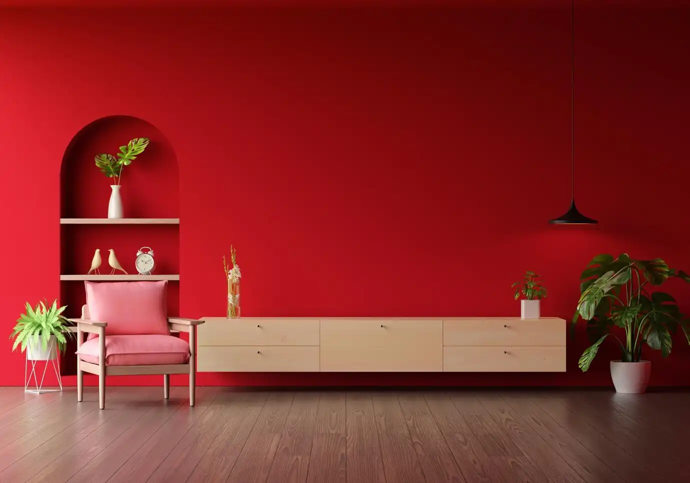 A sleek living area with a bold red colour palette.