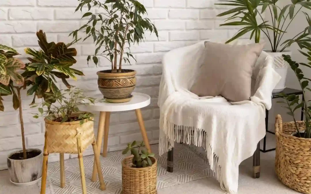 A home with plants, wicker baskets, and flowy fabrics showing what adding natural elements to your Goan home looks like.
