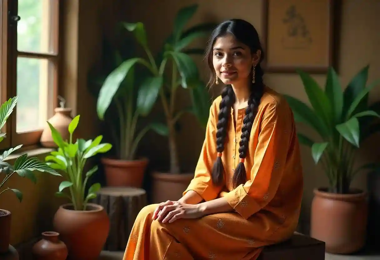 A girl sitting amidst terracotta planters and lush green plants.