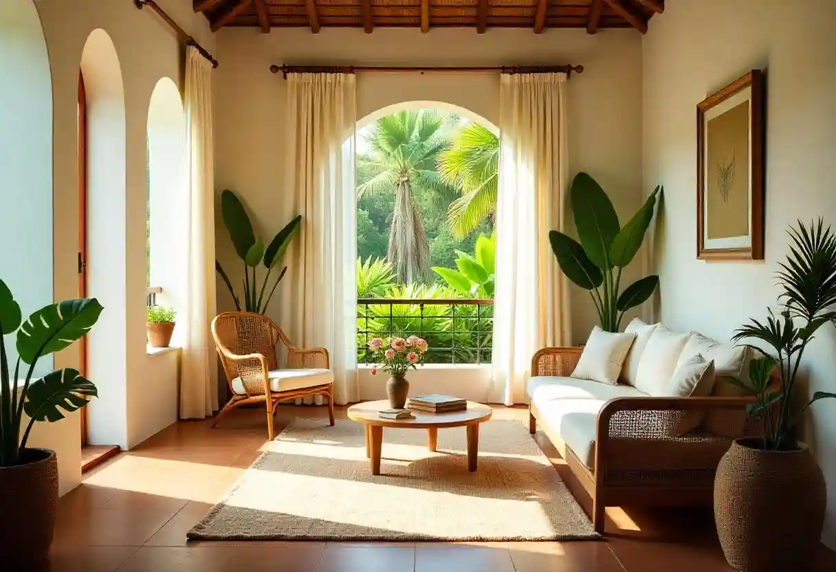 Bright and airy interior with cotton drapes, indoor plants, and natural textures showing a perfect example of adding natural elements to your Goan home.