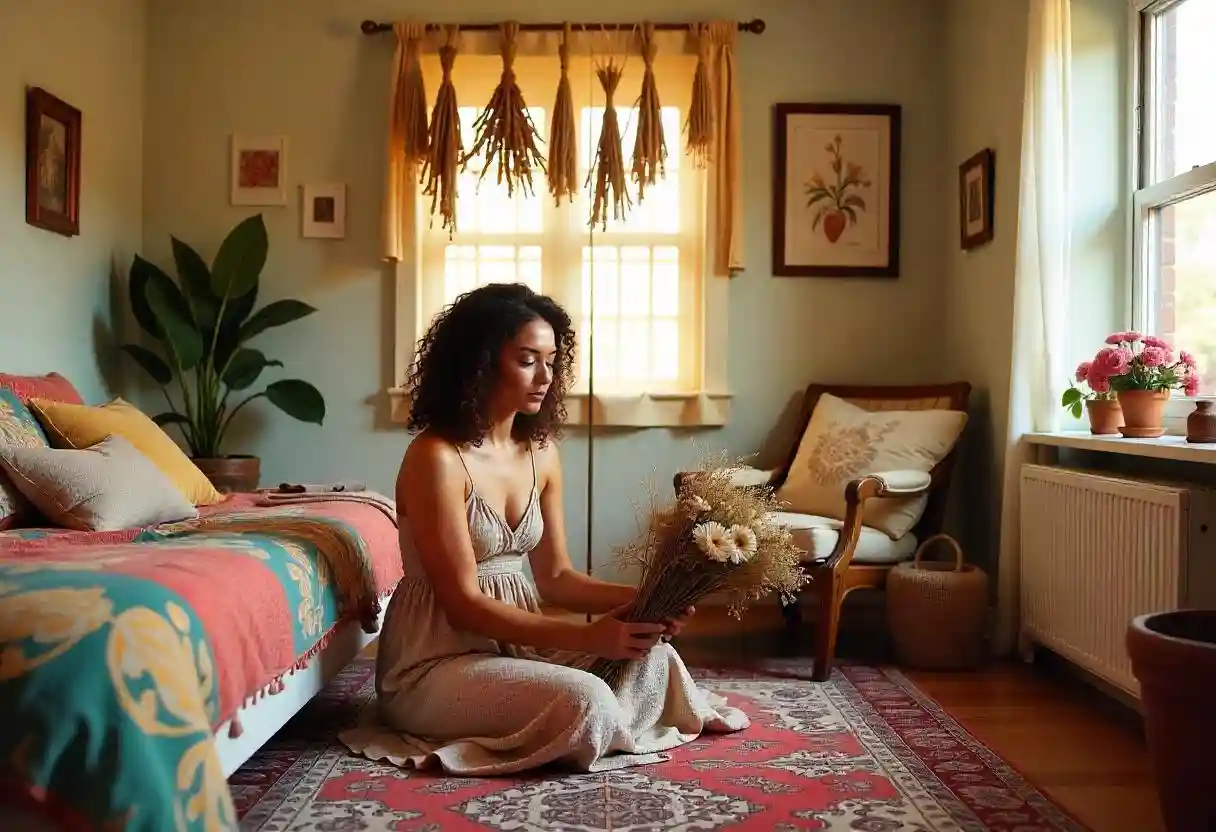 A girl arranging dried flowers as home decor.