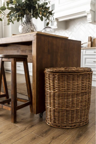 A rattan basket is both handy for storage and adds to the beauty in your home.