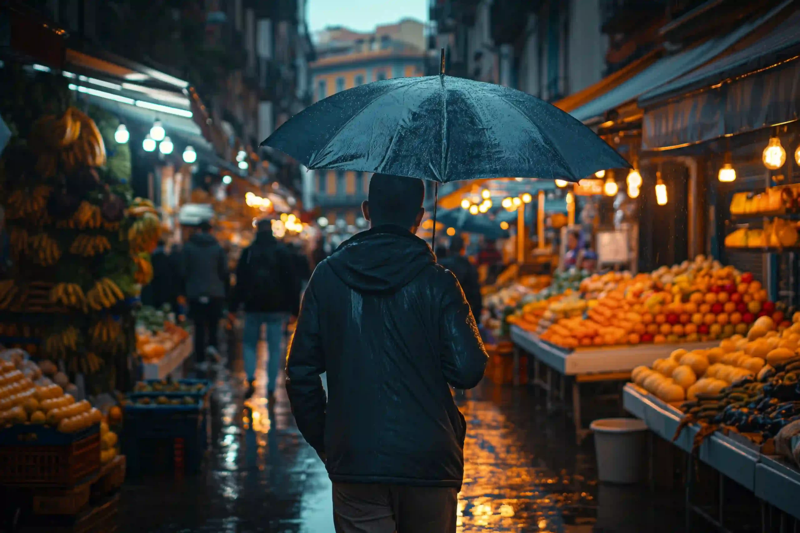 A man walking around the market with an umbrella in Goa.