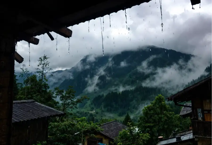 Raindrops dripping from a roof during the monsoon at a property in Goa.