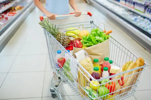 Groceries in a cart in a shopping mart in Goa.