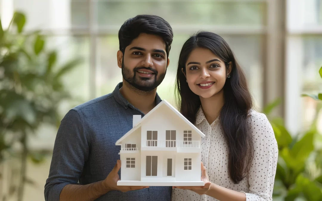 New home buyers in Goa holding up a model home.