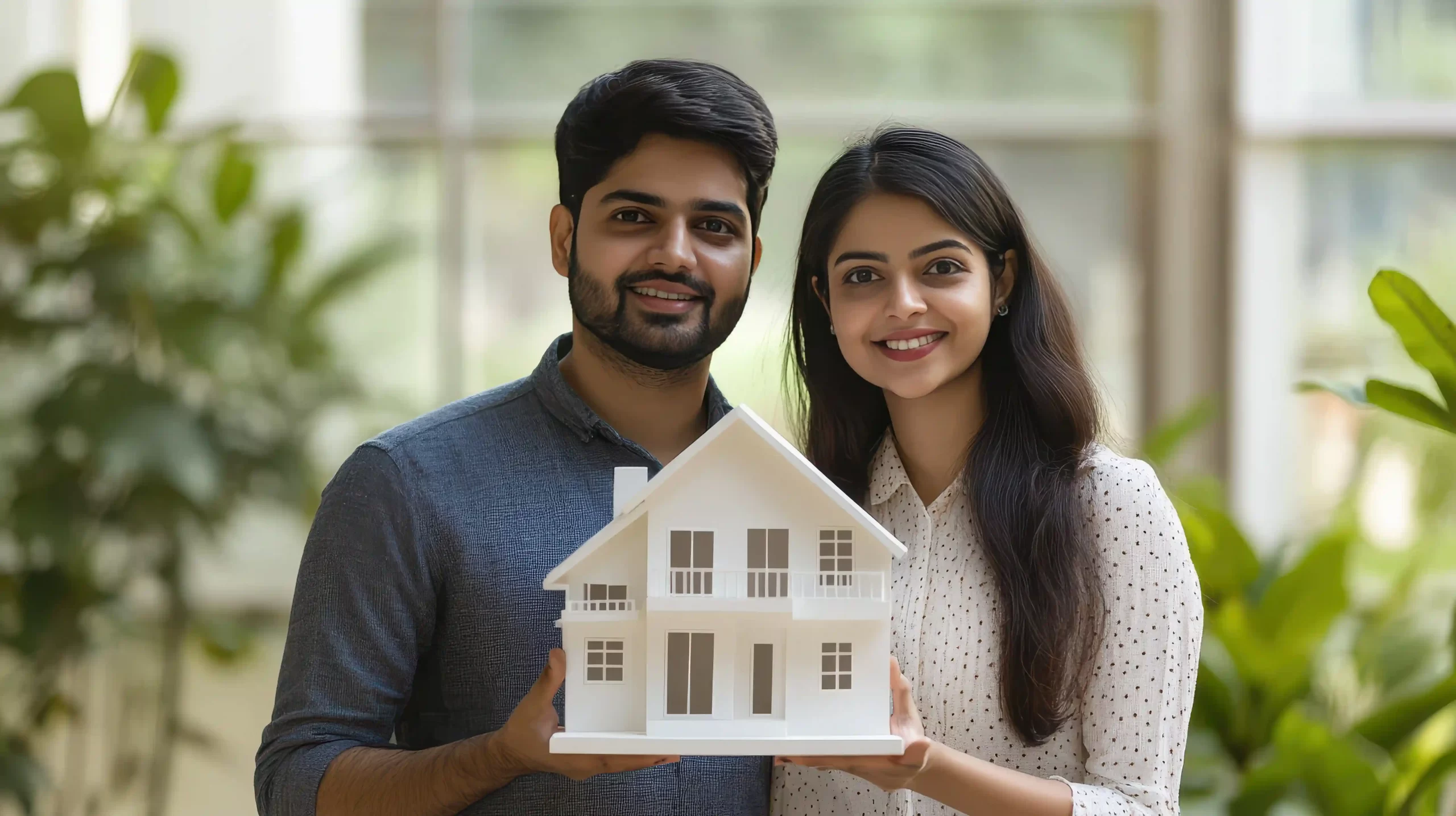 New home buyers in Goa holding up a model home.