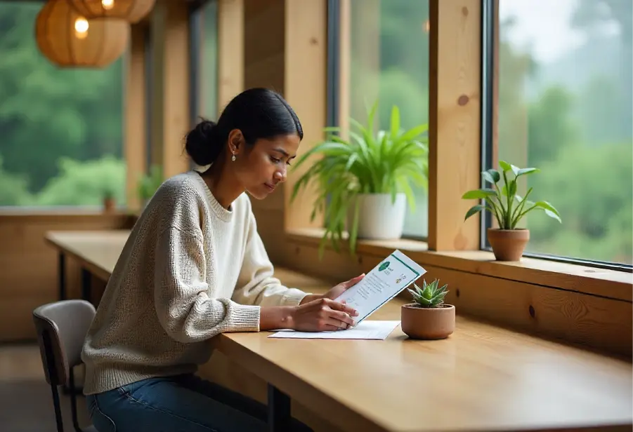 A young homebuyer viewing the green home certification.