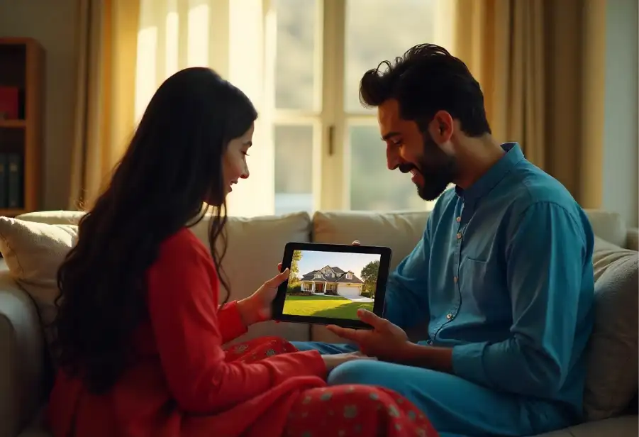 Young homebuyers browsing online for a property in Goa.