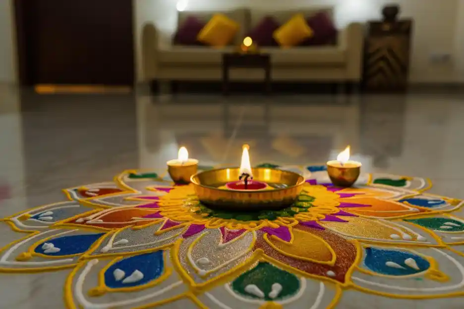 A Diwali-themed rangoli with a diya in a home in Goa.