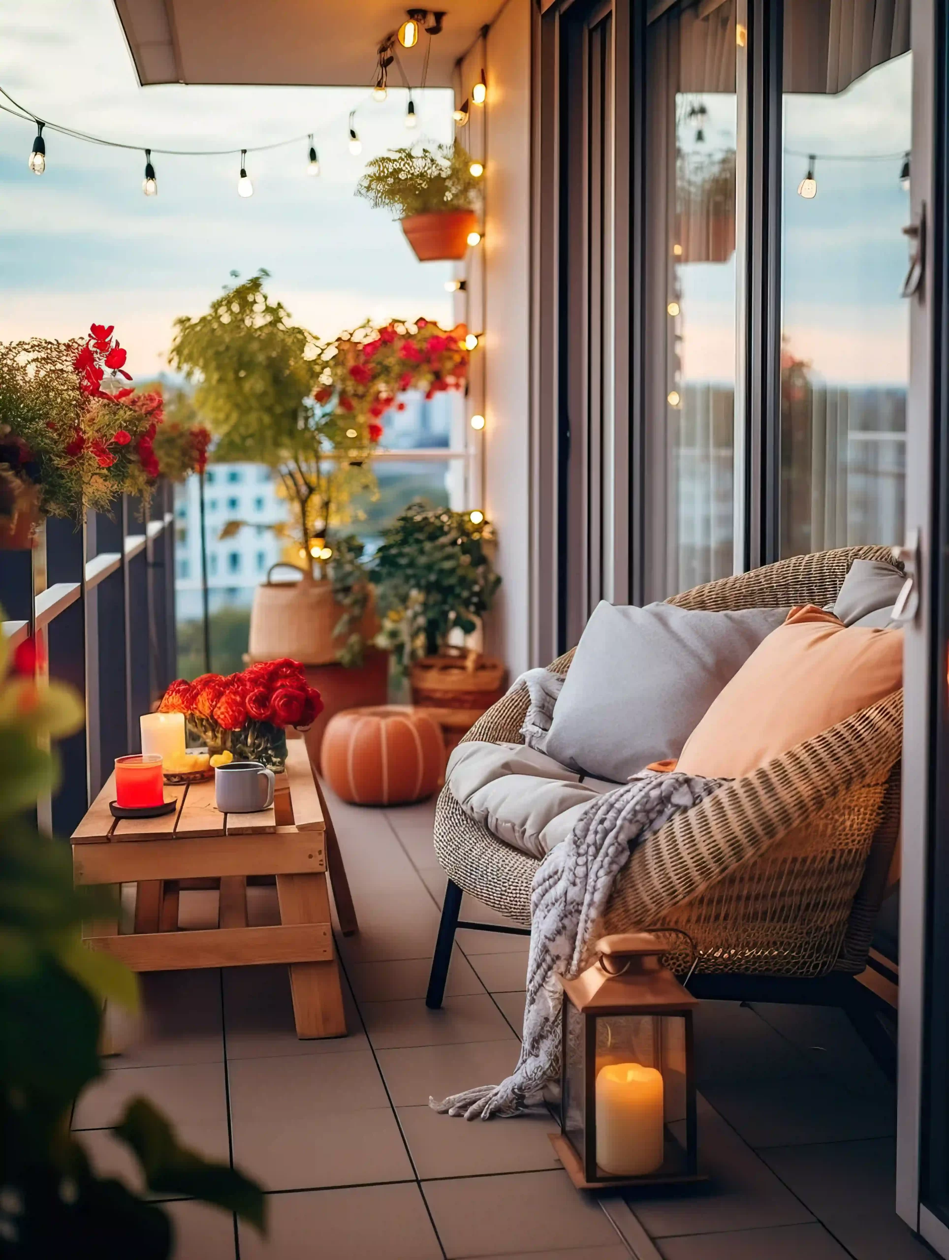 A cosy balcony decorated with lights and greenery in a home in Goa