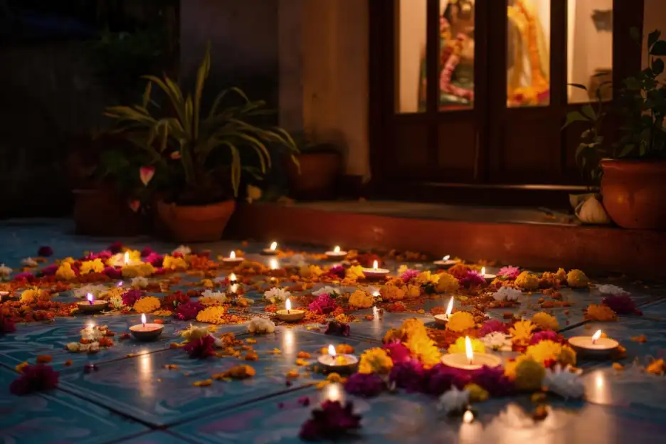 An entryway to a home in Goa decorated with flowers and diyas for Diwali.