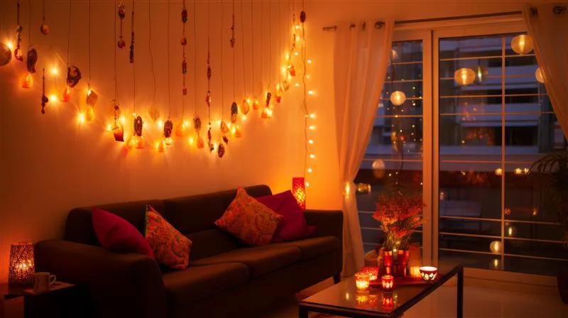 Diwali decorations in the living room of a home in Goa.