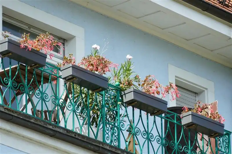 A pleasant balcony with flowerpots in a home in Goa.