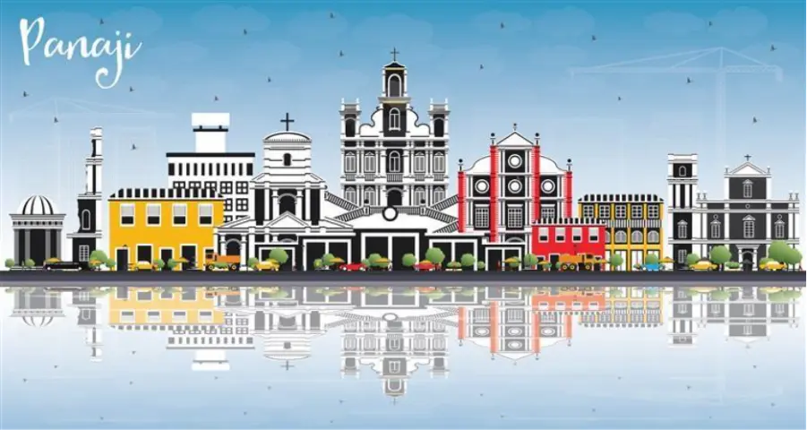 Vector illustration of Panjim’s colourful buildings and historic architecture showcasing the charm of Goa’s capital, a prime destination for owning a property in Goa.