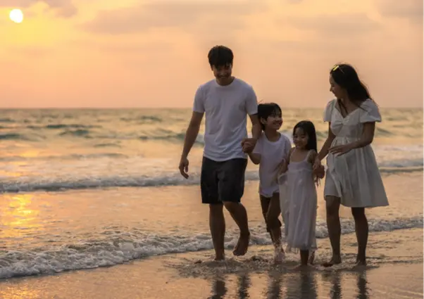  family enjoying themselves at a beach near a home in Goa.