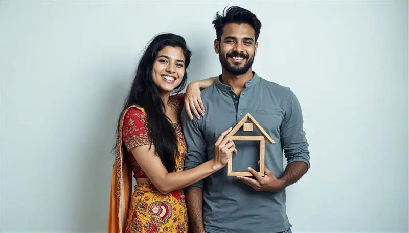 An Indian couple holding up a model of their home in Goa.