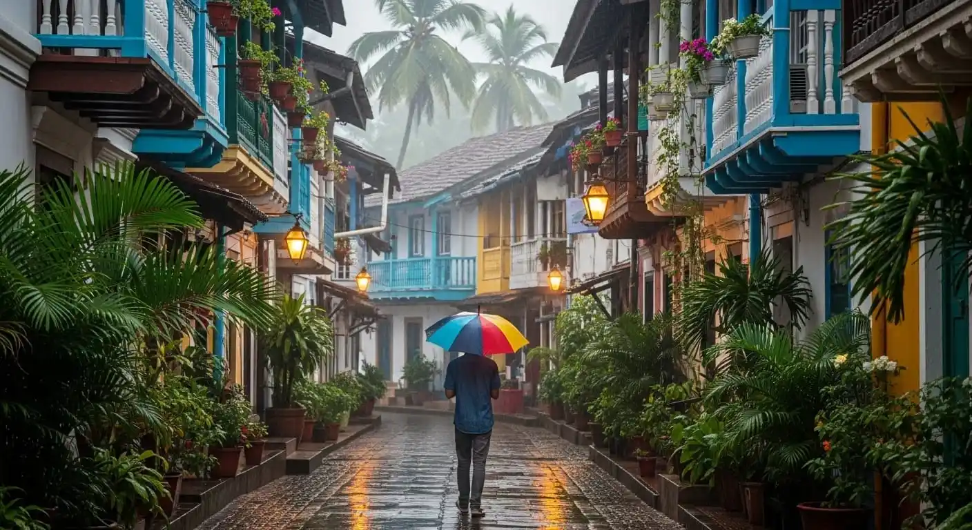 Rain-soaked streets of Fontainhas, a charming neighbourhood near homes in Panjim known for its cafés and heritage walks. 