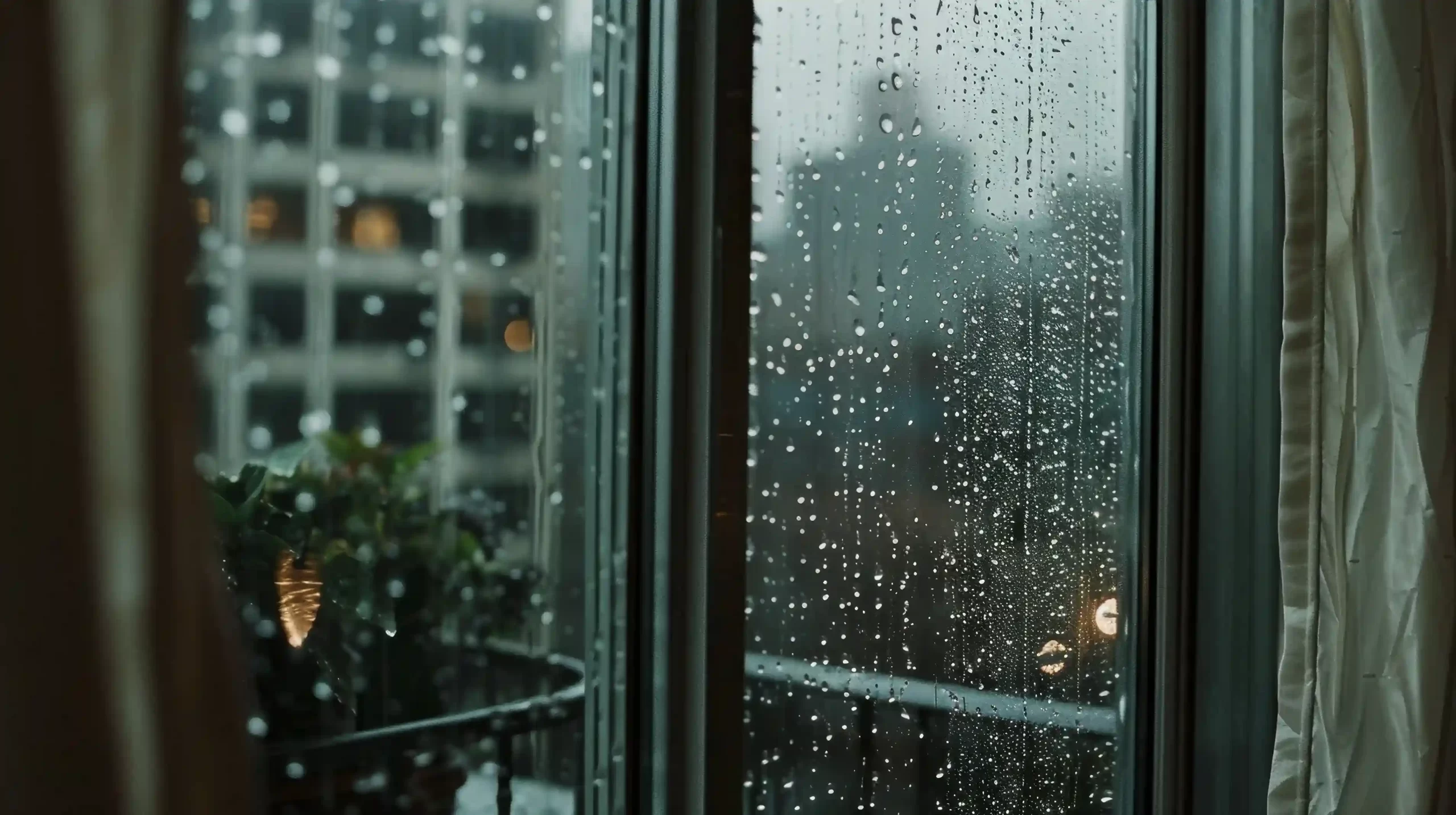 Rain drops on the window of a home in Goa during monsoon.