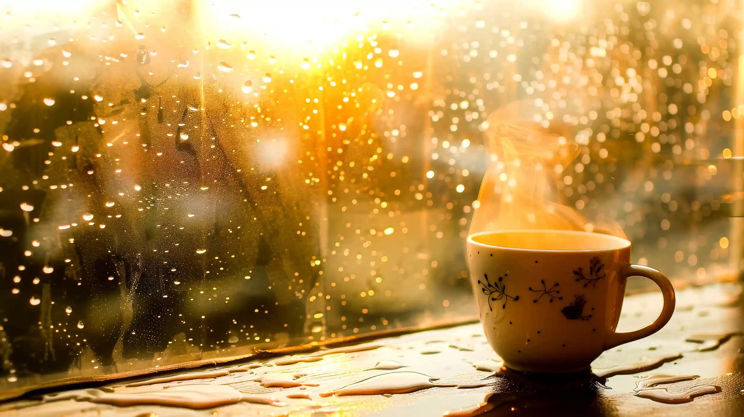Warm tea by a rain-speckled café window near a home in Panjim during monsoon in Goa