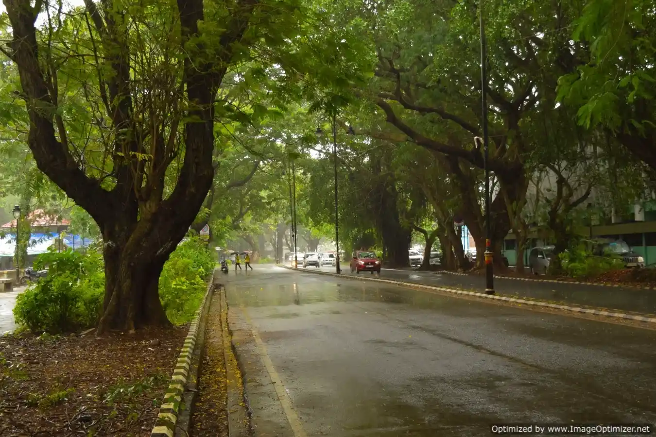 Rain-soaked street near a home in Panjim with easy access to everyday conveniences during the monsoon.