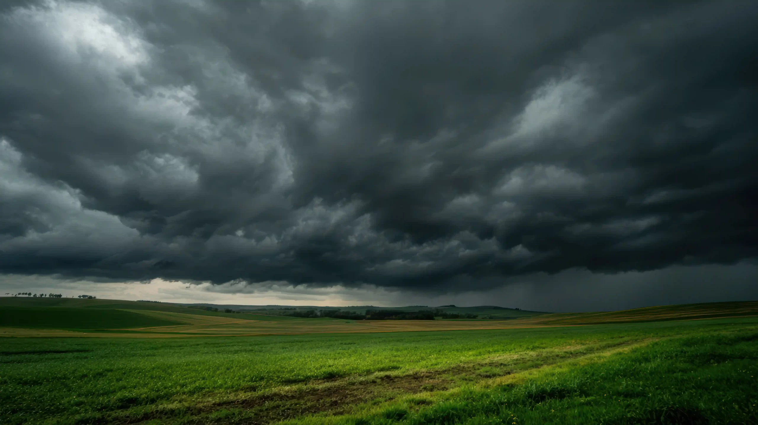 Lush green fields and dramatic monsoon clouds near a property in Goa.