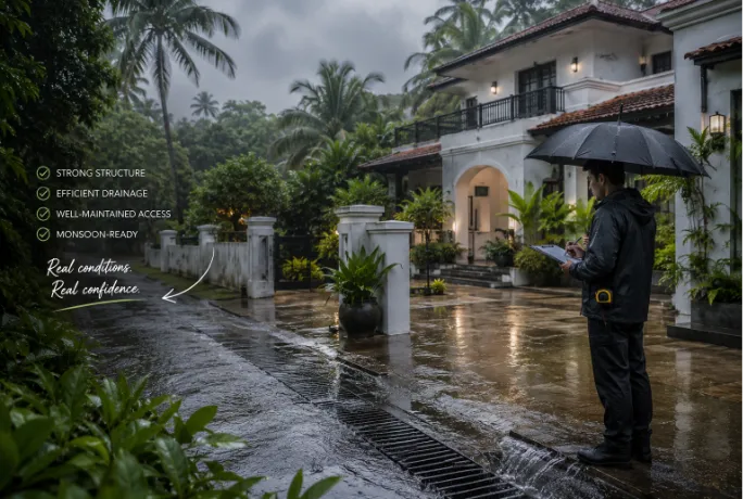Property evaluation in Goa during monsoon, highlighting efficient drainage and strong structure