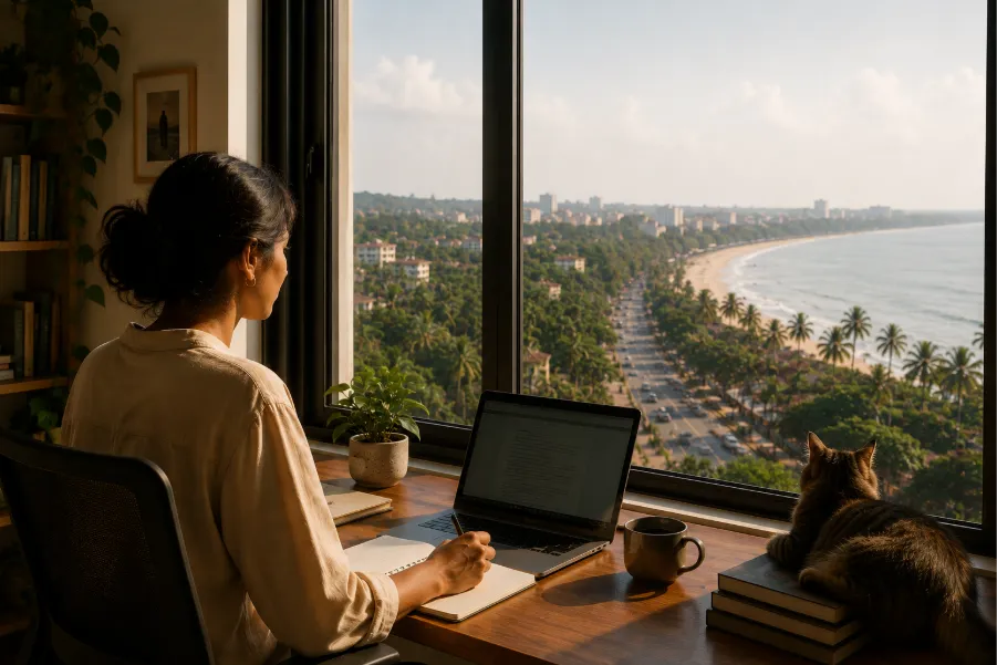 Professional working remotely from a modern home in Panjim, reflecting the growing demand for second homes in Goa. 