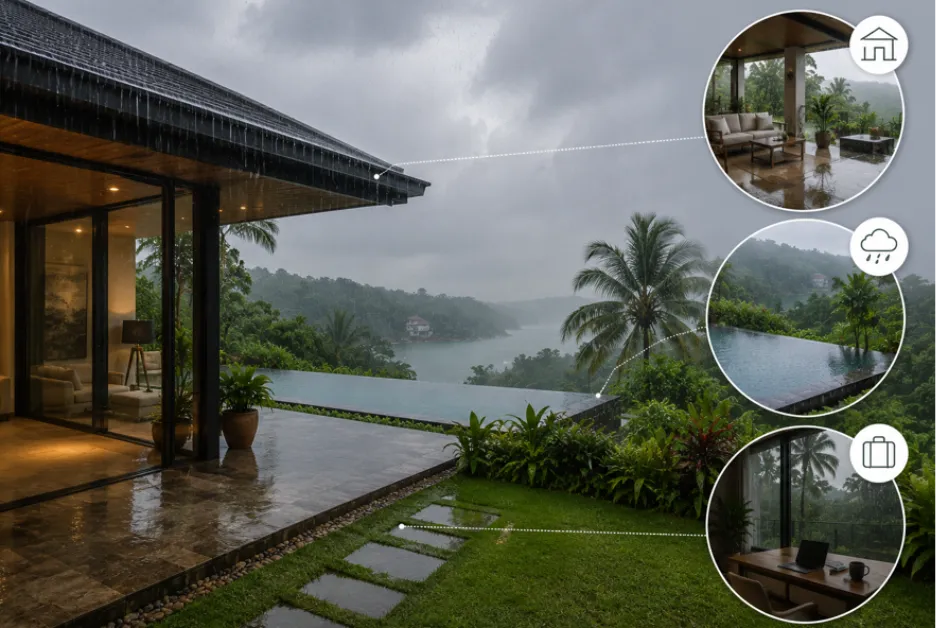 Villa in Goa during rainfall with covered patio, landscaped garden, and infinity pool. 