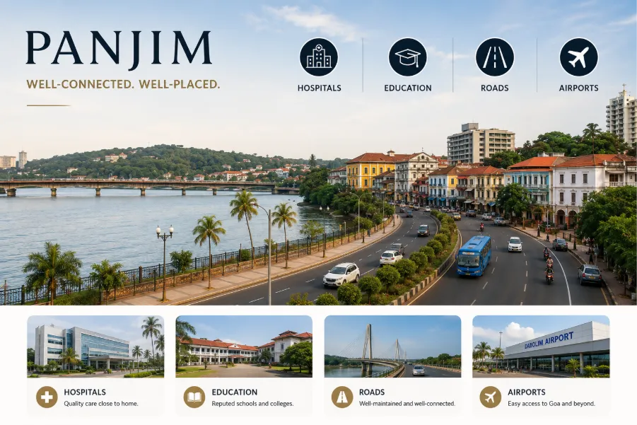 Panjim city skyline with the Mandovi River, showcasing a preferred residential destination for a second home in Goa. 