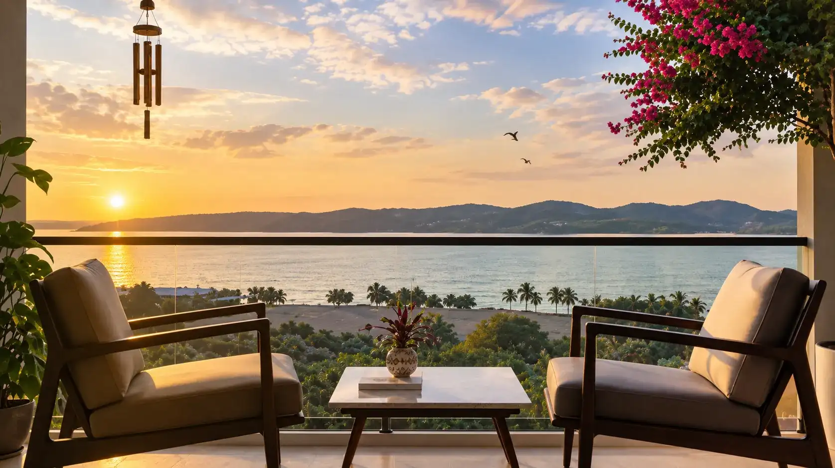 Scenic Sea view from a home in Goa, at Skyline Harmony in Panjim with comfortable seating and sunset lighting