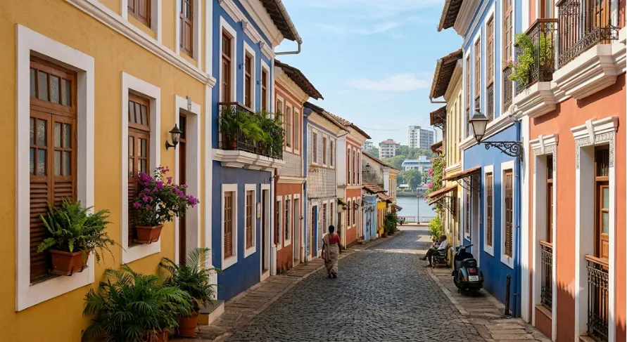 A cobblestone street in Fontainhas in Panjim, featuring colourful Portuguese-style houses with wooden doorframes and balconies.