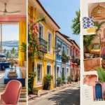 Collage showcasing an apartment in Panjim, the colourful houses of Goa, and natural textures, offering inspiration for dopamine décor ideas for your property in Goa.