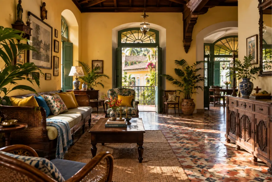  Interiors of a heritage home in Goa showcasing maximalism, an inspiration for dopamine décor ideas for your property in Goa. 