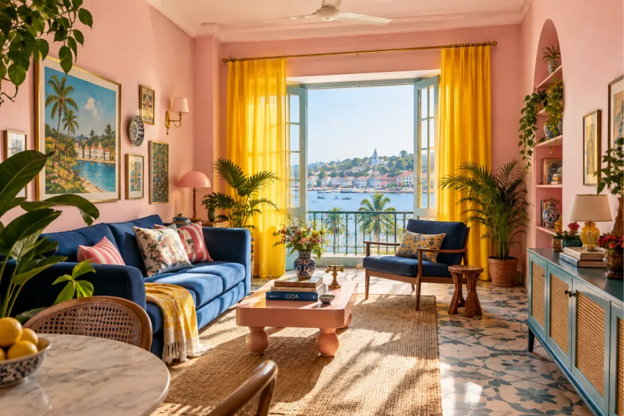 Apartment in Panjim, Goa featuring colourful dopamine décor interiors. 
