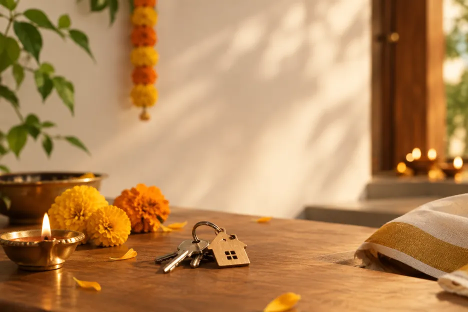 A picture showing keys to a home in Goa decorated for Dussehra and Diwali festivities