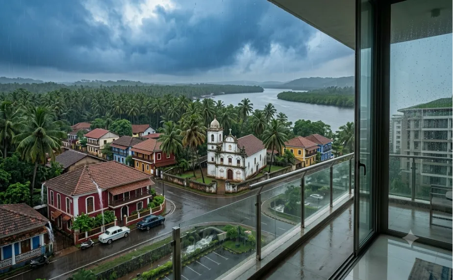 A view of heavy rain showers during monsoon from an apartment balcony in Goa  